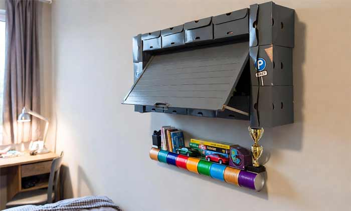 شلف دیواری تم گاراژ از کارتن‌های جعبه کفش